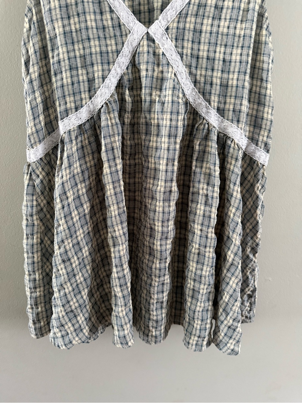 Bohemian Casual Woven Blue & Beige Plaid Sleeveless Midi Dress with Lace Trim - Picture 6 of 11